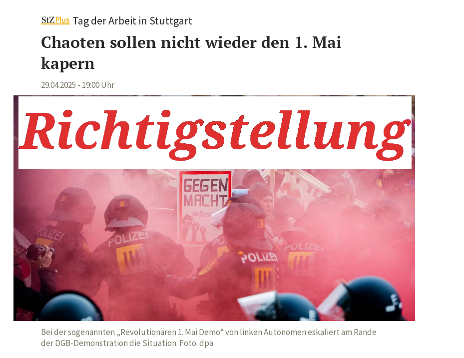 Richtigstellung zum Artikel vom 29.04. der Stuttgarter Nachrichten / Stuttgarter Zeitung